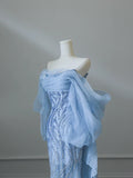 Aqua Blue Elegant Flowing Sequined Tulle Mermaid Prom Dress HZ1022