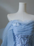 Aqua Blue Elegant Flowing Sequined Tulle Mermaid Prom Dress HZ1022