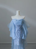 Aqua Blue Elegant Flowing Sequined Tulle Mermaid Prom Dress HZ1022