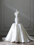 Elegant White Strapless Satin Mermaid Simple Wedding Dress HZ1022