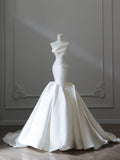 Elegant White Strapless Satin Mermaid Simple Wedding Dress HZ1022