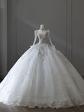 French Retro Shiny Rhinestone Round Neck Lace Long Sleeve Floor-Length Wedding Dress HZ1022