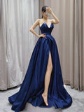Vintage A-Line V Neck Satin Dark Blue Long Prom Dress, Blue Long Formal Dress HZ1022