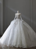 French Retro Shiny Rhinestone Round Neck Lace Long Sleeve Floor-Length Wedding Dress HZ1022