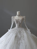 French Retro Shiny Rhinestone Round Neck Lace Long Sleeve Floor-Length Wedding Dress HZ1022