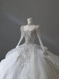French Retro Shiny Rhinestone Round Neck Lace Long Sleeve Floor-Length Wedding Dress HZ1022