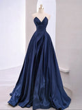 Vintage A-Line V Neck Satin Dark Blue Long Prom Dress, Blue Long Formal Dress HZ1022