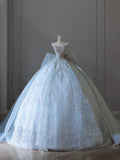 Dreamy Ice Crystal Blue Sparkling Beaded Rhinestone Bowknot Floor-Length Wedding Dress HZ1022