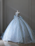 Dreamy Ice Crystal Blue Sparkling Beaded Rhinestone Bowknot Floor-Length Wedding Dress HZ1022