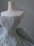 Dreamy Ice Crystal Blue Sparkling Beaded Rhinestone Bowknot Floor-Length Wedding Dress HZ1022