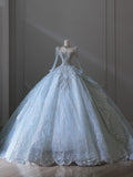 Vintage Glacier Blue Long Sleeve Sparkling Rhinestone Lace Floor-Length Wedding Dress HZ1022
