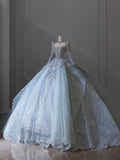 Vintage Glacier Blue Long Sleeve Sparkling Rhinestone Lace Floor-Length Wedding Dress HZ1022