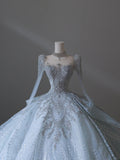 Vintage Glacier Blue Long Sleeve Sparkling Rhinestone Lace Floor-Length Wedding Dress HZ1022