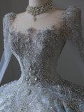 Vintage Glacier Blue Long Sleeve Sparkling Rhinestone Lace Floor-Length Wedding Dress HZ1022