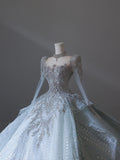 Vintage Glacier Blue Long Sleeve Sparkling Rhinestone Lace Floor-Length Wedding Dress HZ1022