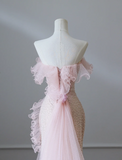 Elegant Pink Mermaid One Shoulder Beaded Prom Dress HZ1022