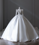 Vintage White Long Sleeve Beaded Round Neck A-Line Floor-Length Wedding Dress HZ1022