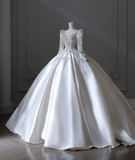 Vintage White Long Sleeve Beaded Round Neck A-Line Floor-Length Wedding Dress HZ1022