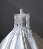Vintage White Long Sleeve Beaded Round Neck A-Line Floor-Length Wedding Dress HZ1022