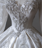 Vintage White Long Sleeve Beaded Round Neck A-Line Floor-Length Wedding Dress HZ1022