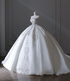 Elegant floor-length white strapless satin wedding dress with sparkling beads HZ1022