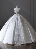 Elegant floor-length white strapless satin wedding dress with sparkling beads HZ1022