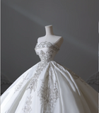 Elegant floor-length white strapless satin wedding dress with sparkling beads HZ1022