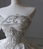 Elegant floor-length white strapless satin wedding dress with sparkling beads HZ1022