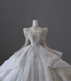 Luxurious French Retro Long Sleeve Beaded Floor-Length Princess Wedding Dress HZ1022