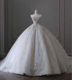 White off-the-shoulder lace beaded floor-length wedding dress HZ1022