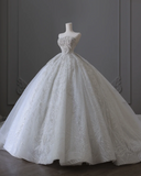 White off-the-shoulder lace beaded floor-length wedding dress HZ1022