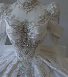 Vintage French Palace Long Sleeve Lace Beaded Luxury Floor-Length Wedding Dress HZ1022