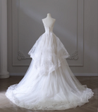 Flowing White Sleeveless Tulle Simple Wedding Dress HZ1022