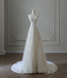 Elegant White Strapless Lace Tulle A-Line Wedding Dress HZ1022