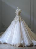 Luxurious Champagne Sleeveless Beaded Rhinestone A-Line Floor-Length Tulle Wedding Dress HZ1022