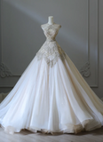 Luxurious Champagne Sleeveless Beaded Rhinestone A-Line Floor-Length Tulle Wedding Dress HZ1022