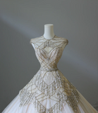 Luxurious Champagne Sleeveless Beaded Rhinestone A-Line Floor-Length Tulle Wedding Dress HZ1022