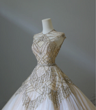 Luxurious Champagne Sleeveless Beaded Rhinestone A-Line Floor-Length Tulle Wedding Dress HZ1022