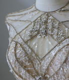 Luxurious Champagne Sleeveless Beaded Rhinestone A-Line Floor-Length Tulle Wedding Dress HZ1022