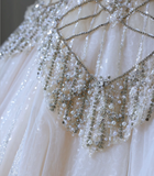 Luxurious Champagne Sleeveless Beaded Rhinestone A-Line Floor-Length Tulle Wedding Dress HZ1022