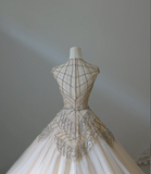 Luxurious Champagne Sleeveless Beaded Rhinestone A-Line Floor-Length Tulle Wedding Dress HZ1022