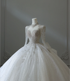 Sparkling Galaxy Long Sleeve A-Line Tulle Floor-Length Wedding Dress with Mock Neck HZ1022