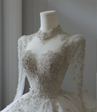 Sparkling Galaxy Long Sleeve A-Line Tulle Floor-Length Wedding Dress with Mock Neck HZ1022