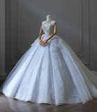 Blue fantasy off-shoulder sparkling beaded tulle A-line wedding dress HZ1022
