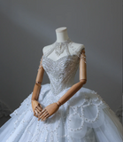 Blue fantasy off-shoulder sparkling beaded tulle A-line wedding dress HZ1022