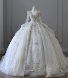 Luxurious beaded long-sleeved sparkling palace retro floor-length wedding dress HZ1022