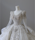 Luxurious beaded long-sleeved sparkling palace retro floor-length wedding dress HZ1022
