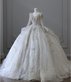 Luxurious beaded long-sleeved sparkling palace retro floor-length wedding dress HZ1022