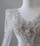 Luxurious beaded long-sleeved sparkling palace retro floor-length wedding dress HZ1022