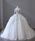 Elegant Glittering Square Neck Long Sleeve Tulle Floor Length Wedding Dress HZ1022